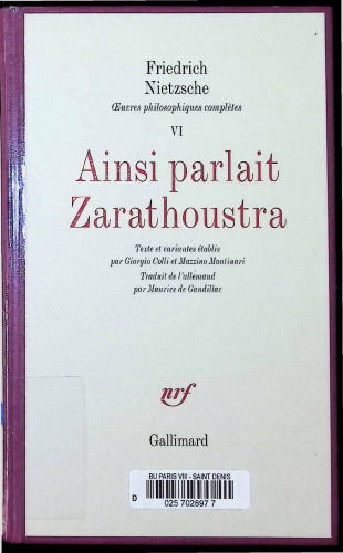 Œuvres philosophiques complètes, VI : Ainsi parlait Zarathoustra