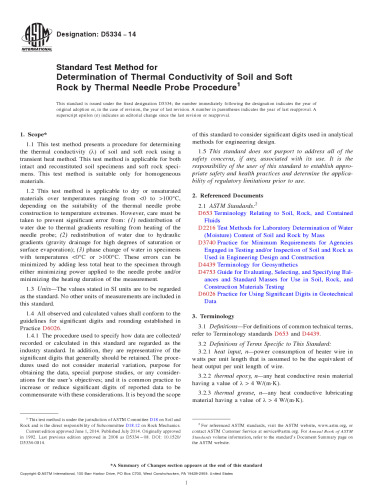 ASTM D5334-14 Standard Test Method for Determination of Thermal Conductivity of Soil and Soft Rock by Thermal Needle Probe Procedure