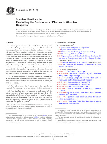 ASTM D543-06 Standard Practices for Evaluating the Resistance of Plastics to Chemical Reagents