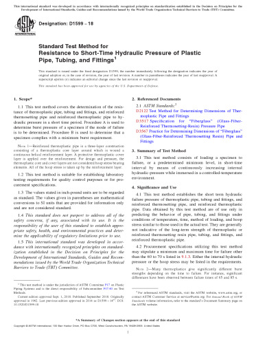 ASTM D1599-18 Standard Test Method for Resistance to Short-Time Hydraulic Pressure of Plastic Pipe, Tubing, and Fittings