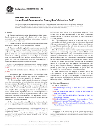 ASTM D2166-13 Standard Test Method for Unconﬁned Compressive Strength of Cohesive Soil