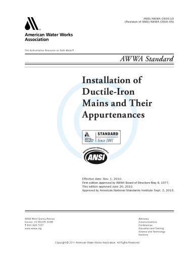 ANSI AWWA C600-10 Installation of Ductile Iron Mains and Their Appurtenances