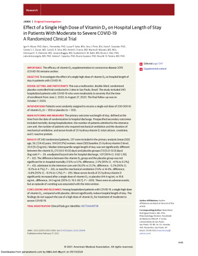 Effect of a Single High Dose of Vitamin D3 on Hospital Length of Stay in Patients With Moderate to Severe COVID-19 A Randomized Clinical Trial